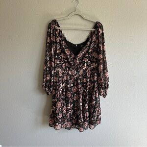Madewell Black Pink Floral Metallic Tiered Long Sleeve Mini Dress 8